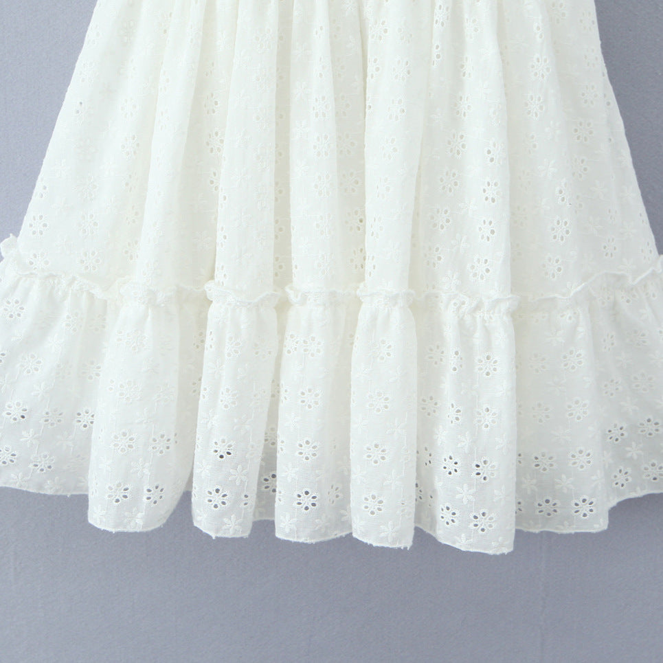 Sweet Cutout Embroidery Chic Lace Up Short Dress French Style V-neck