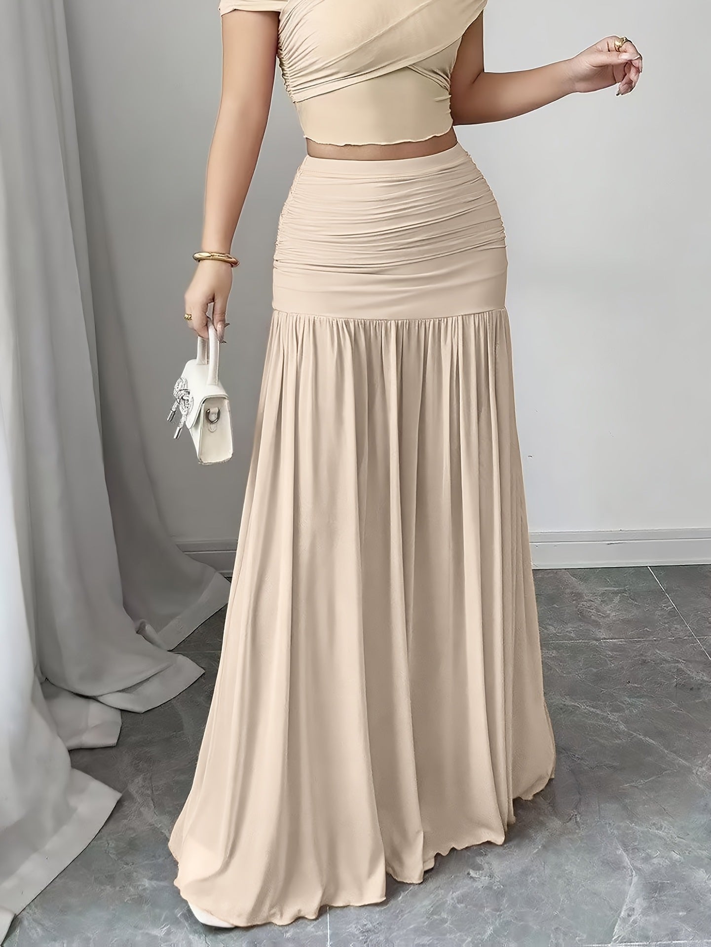 Elegant Solid Color Pleated Long Skirt For Women