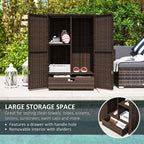 Outdoor Storage Cabinet with Shelves, Rattan Pool Towel Storage Cabinet with Removable Shelf & Drawer, Mixed Brown