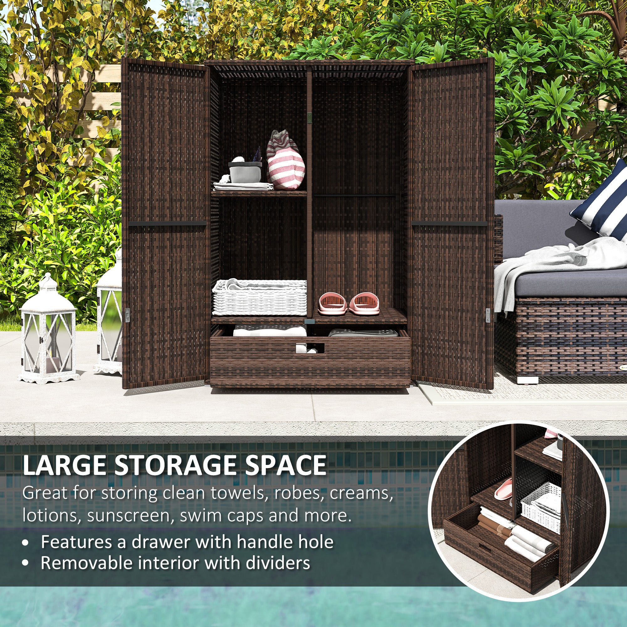 Outdoor Storage Cabinet with Shelves, Rattan Pool Towel Storage Cabinet with Removable Shelf & Drawer, Mixed Brown