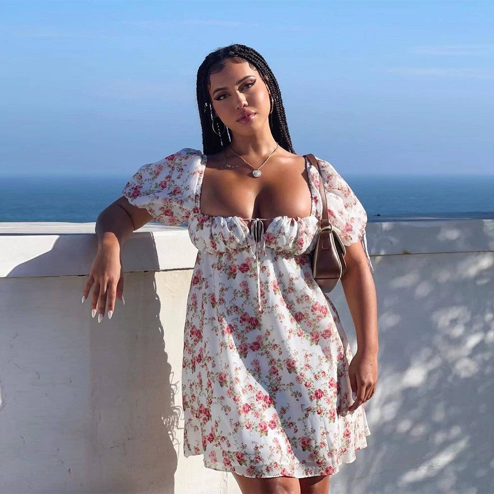 Fashionable Lace-Up Square-Neck Short-Sleeve Mid-Length Backless Dress