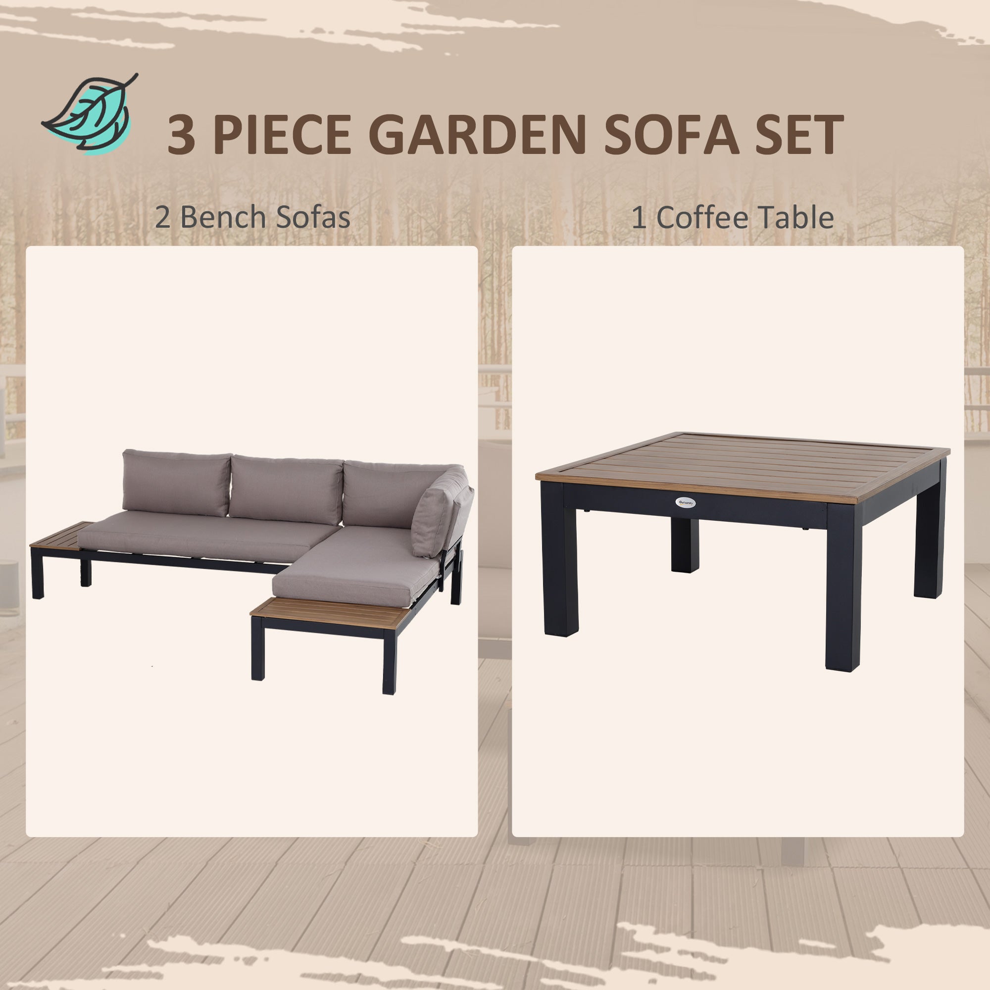 3 Pieces Garden Furniture Set, Aluminium 4 Seater Corner Sofa Set With 2 Loveseats, Coffee Table And Side Trays, Outdoor Conversation Furniture With Cushions For Garden, Black