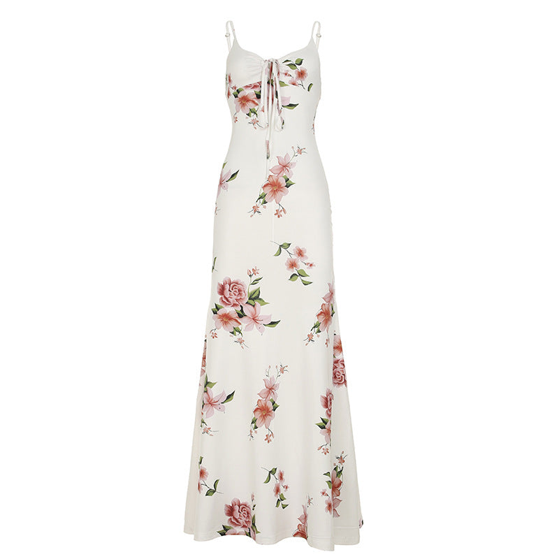 French Resort-Style Vintage Floral V-Neck Slip Dress