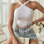 Women's Fringe Sexy Halter Top Summer New Design Short Sleeveless Shirt