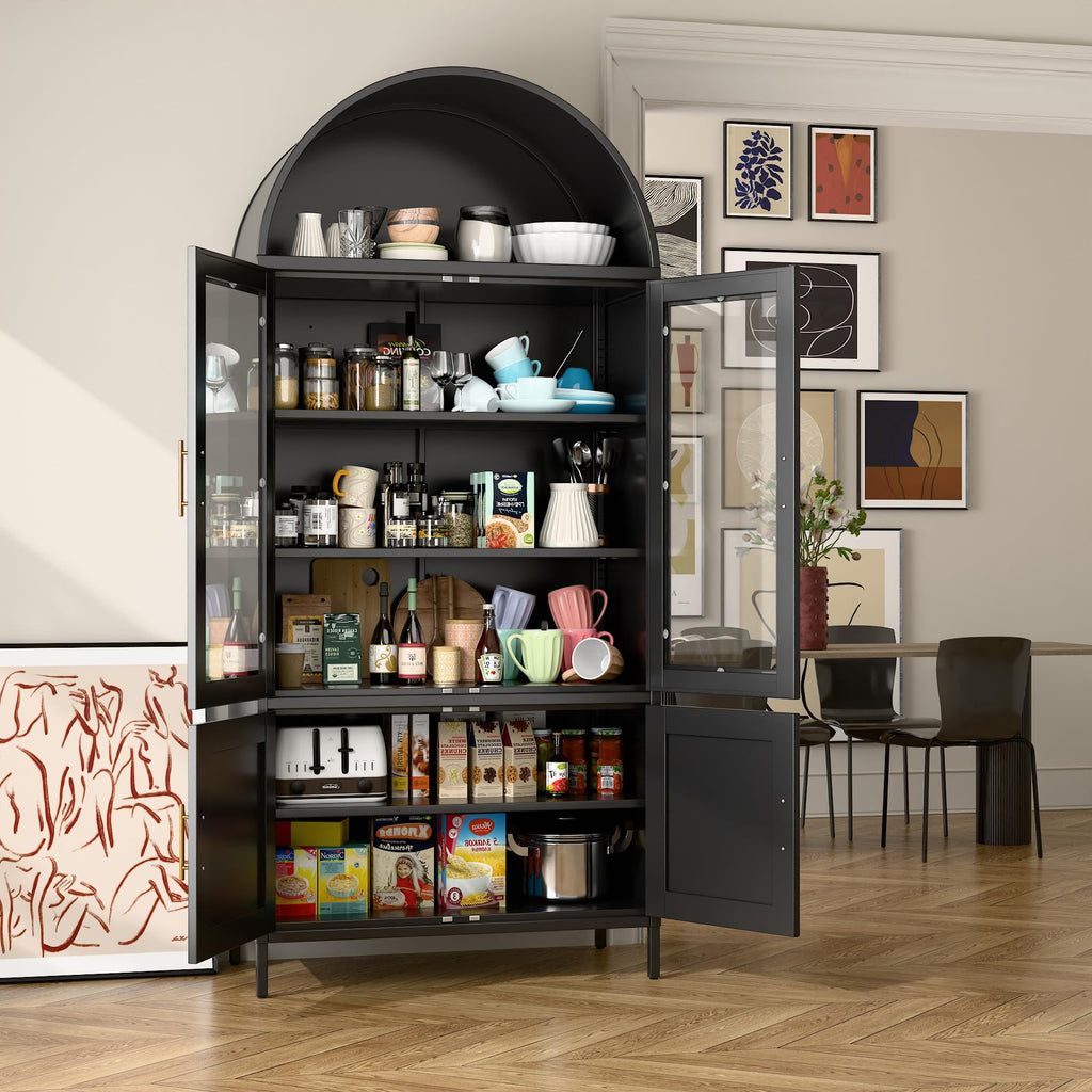 78.7inch H Metal Arched Cabinet,Kitchen Pantry Cabinet With Doors And Shelves, Arched Bookcase For Home Office Bar Living Room, Assemble Require,Black