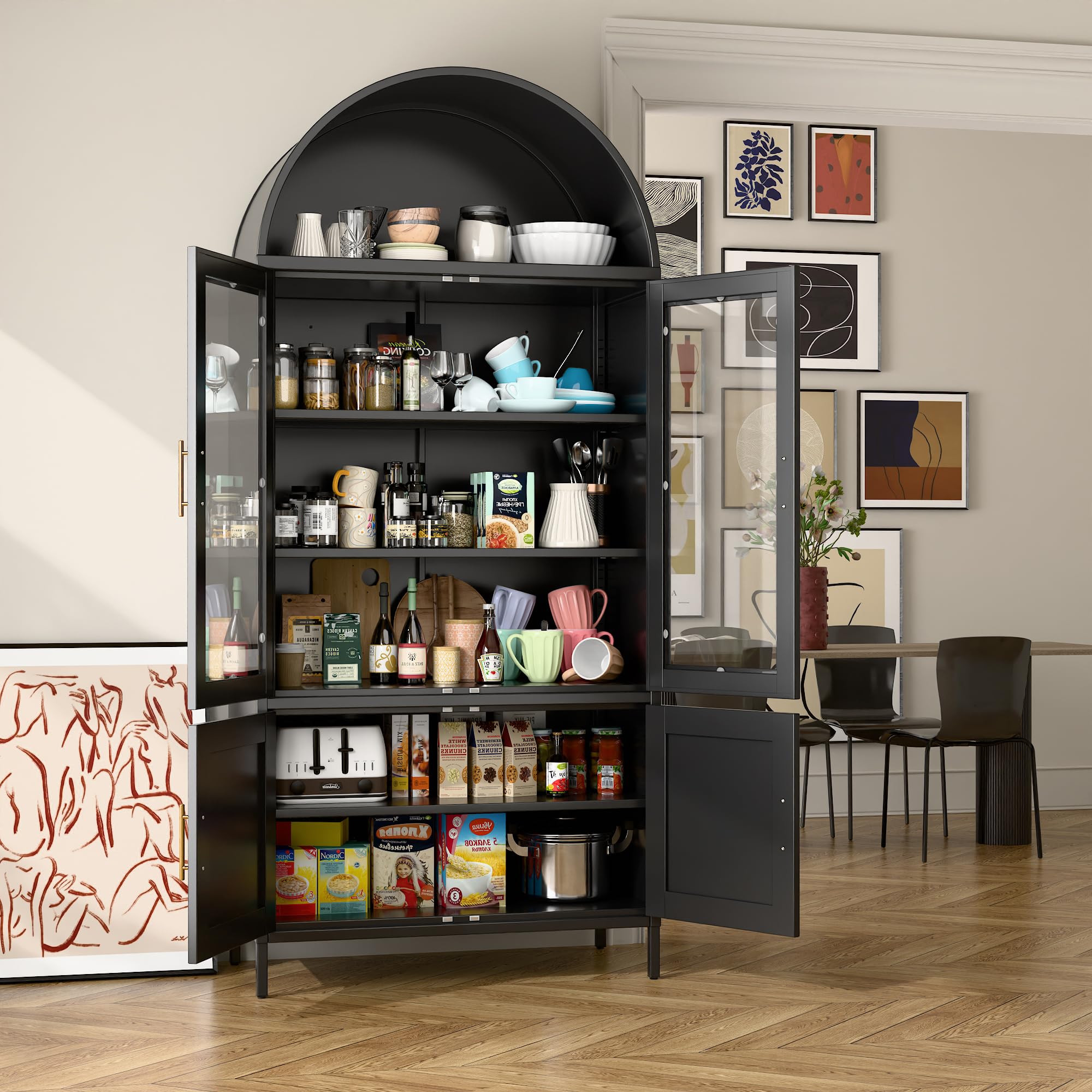78.7inch H Metal Arched Cabinet,Kitchen Pantry Cabinet With Doors And Shelves, Arched Bookcase For Home Office Bar Living Room, Assemble Require,Black