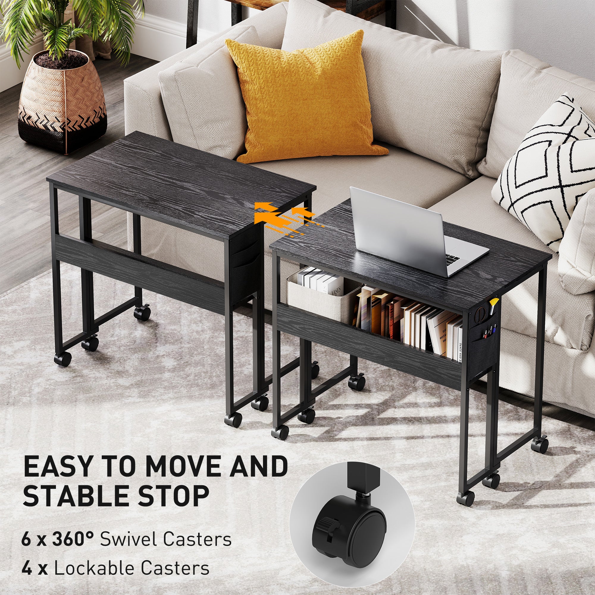 Folding Computer Desk, Foldable Desk with Storage Bag, Shelf and Wheels for Small Spaces, Home Office, Black