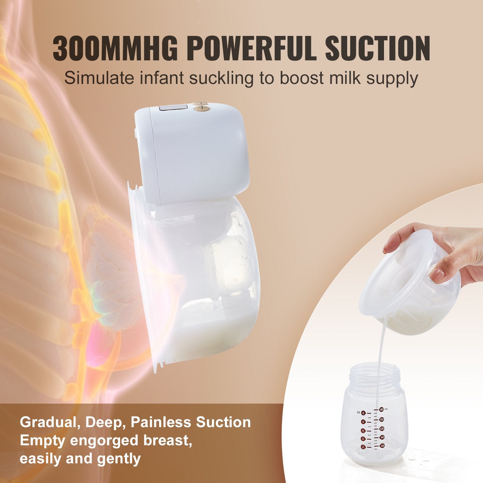 VEVOR BreastPump, Wearable Electric Breast Pumps Hands Free, 4 Mode  12 Levels, 300mmHg Strong Suction, Ultra-Quiet Rechargeable Portable BreastfeedingPump With LED Display, 24mm Insert 28mm Flange