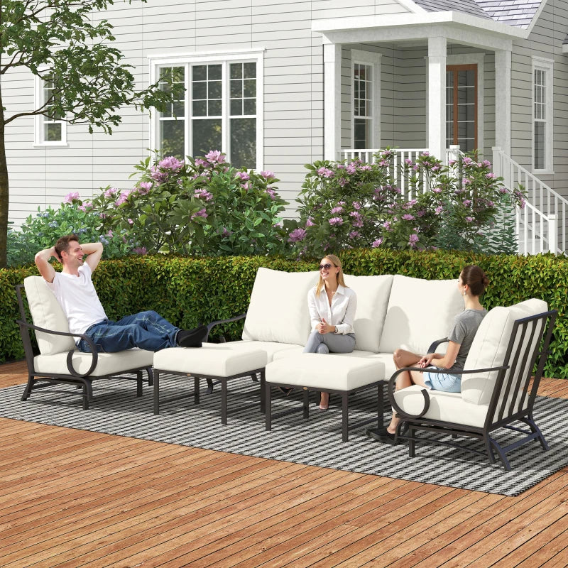 5 Piece Backyard Patio Furniture Set, Outdoor Furniture Set With 2 Rocking Chairs, 3-Seat Sofa, And 2 Ottomans, Beige