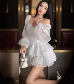 Solid Color Puff Sleeve Slim Chiffon French Cake Dress