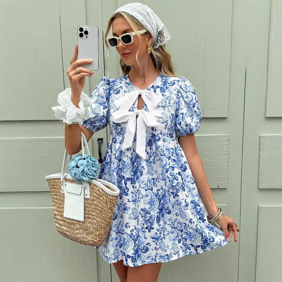 Floral-print Bow-detailed Dress A Stylish Elegant High-waisted Relaxed-fit Mini Skirt