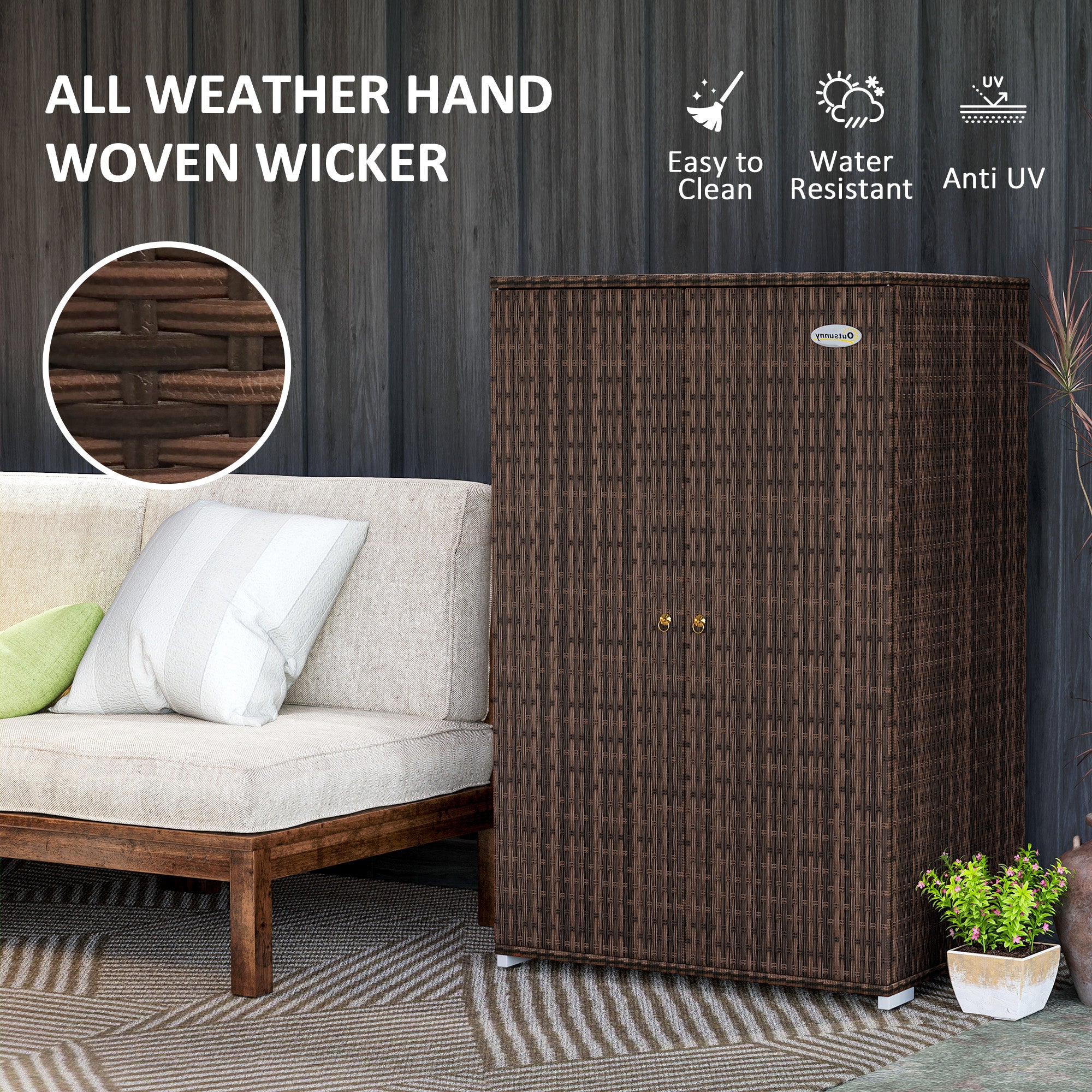 Outdoor Storage Cabinet with Shelves, Rattan Pool Towel Storage Cabinet with Removable Shelf & Drawer, Mixed Brown