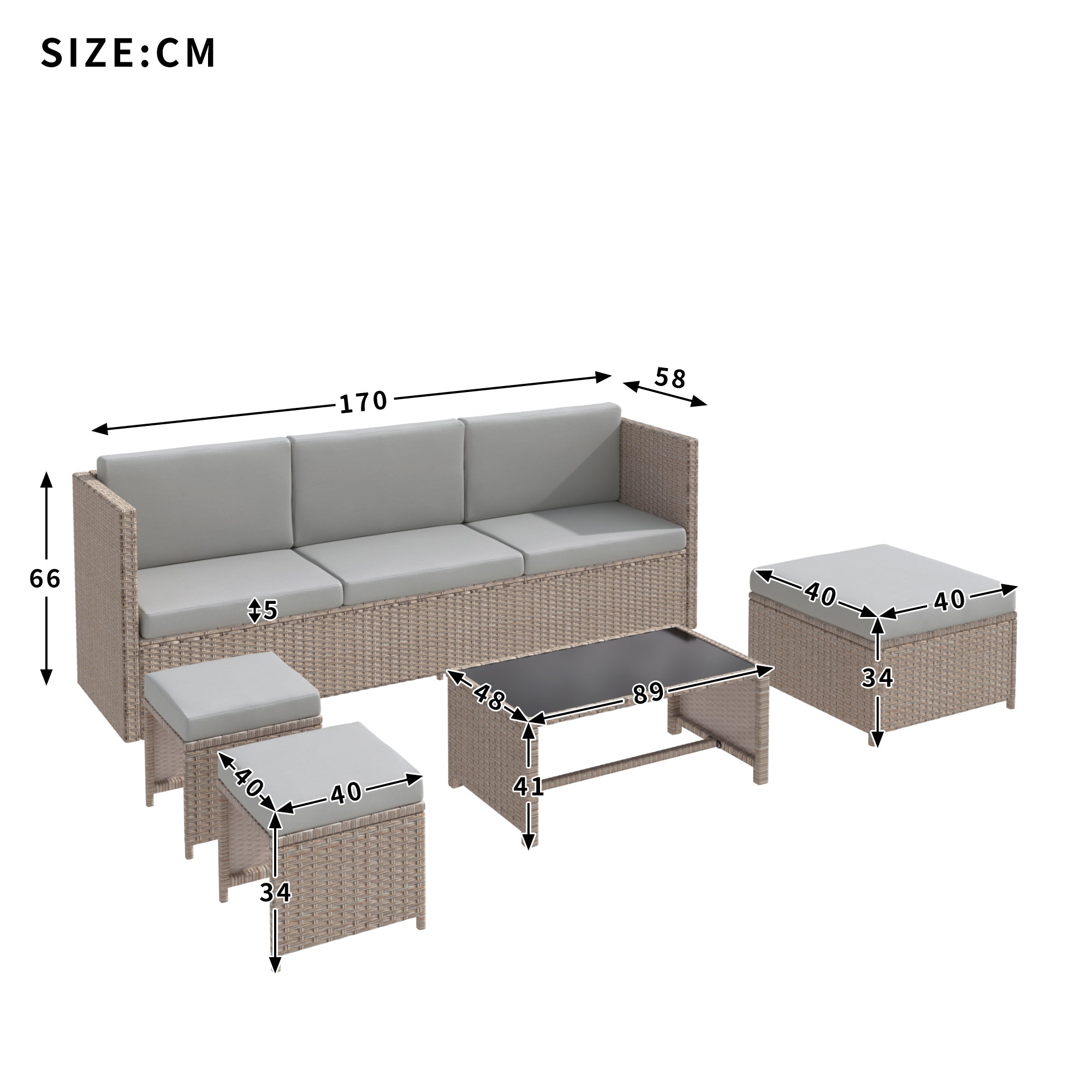 4-6 Seater Garden Lounge Set, Garden Furniture Set, Ratten Sofa, Seating Group, Patio Furniture,Khaki