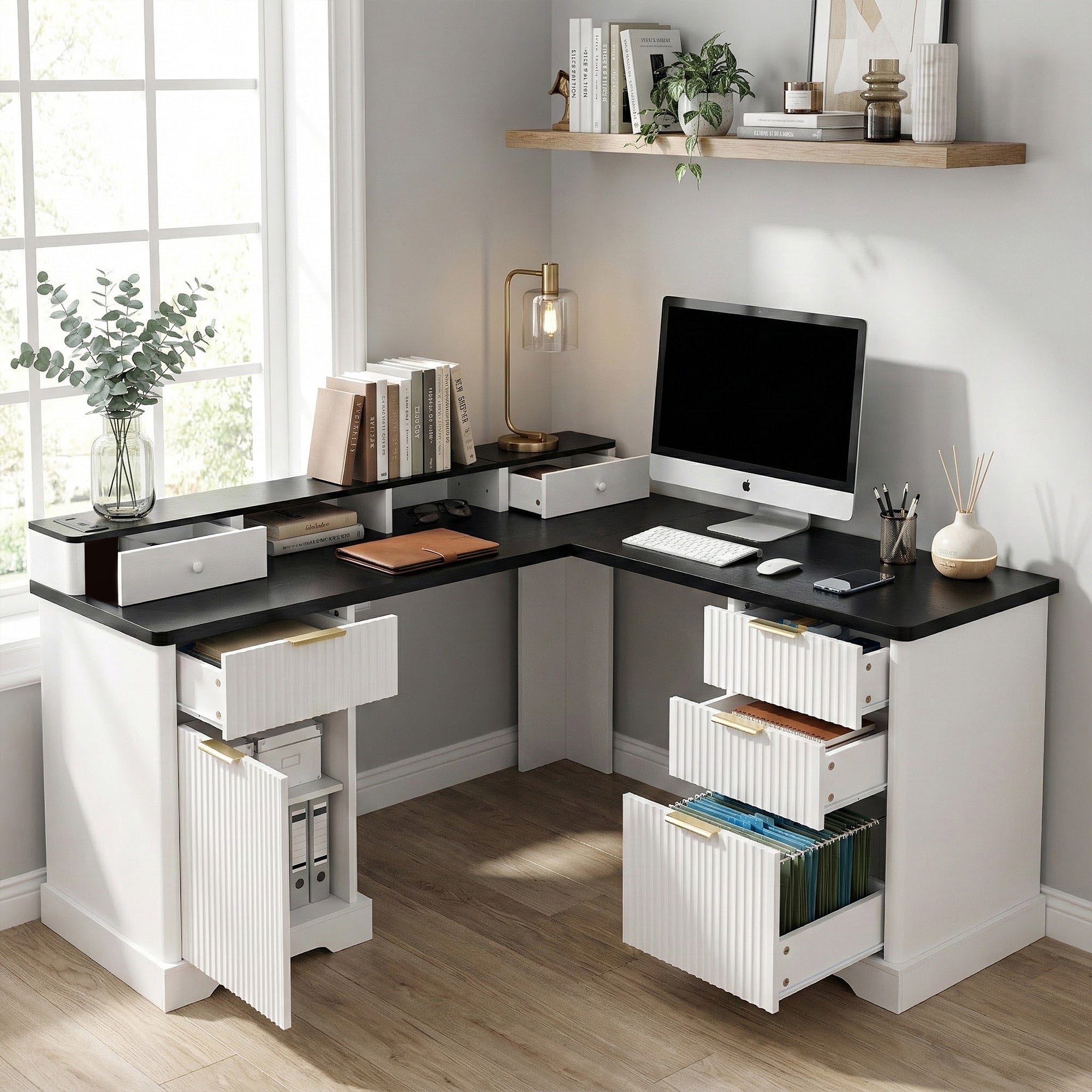 59 Modern Fluted L-Shaped Desk With Charging Station  Storage Cabinet - Home Office Computer Desk With Monitor Stand, File Drawer And Removable Support Shelf For Study, Home Office, White