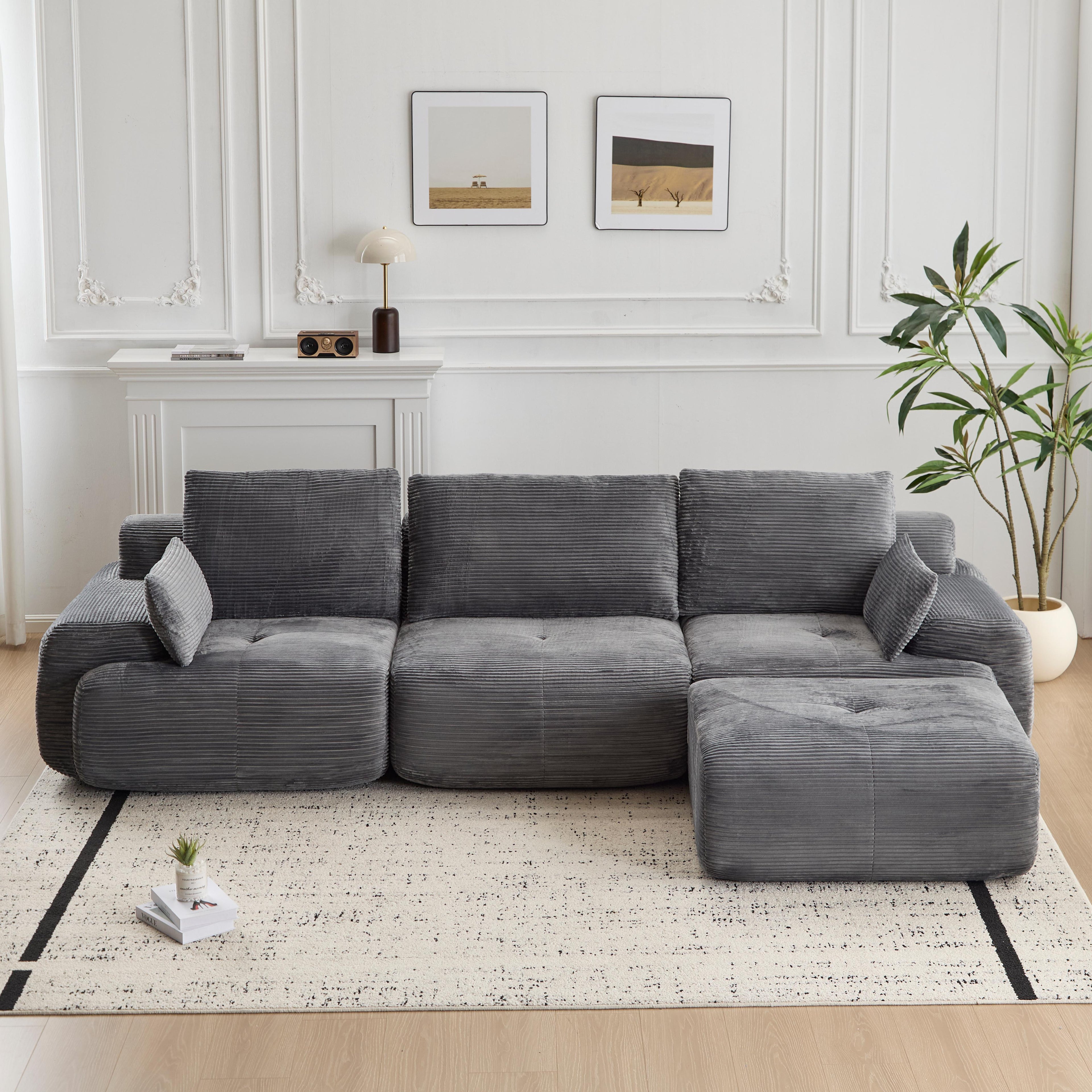 Modern Memory Foam Compressed Sofa,Large Sectional Couches For Living Room,Pet-Friendly Cloud Modular Sectional Sofa,Corduroy Fabric,Extra Deep Loveseat,No Assembly Required,GREY