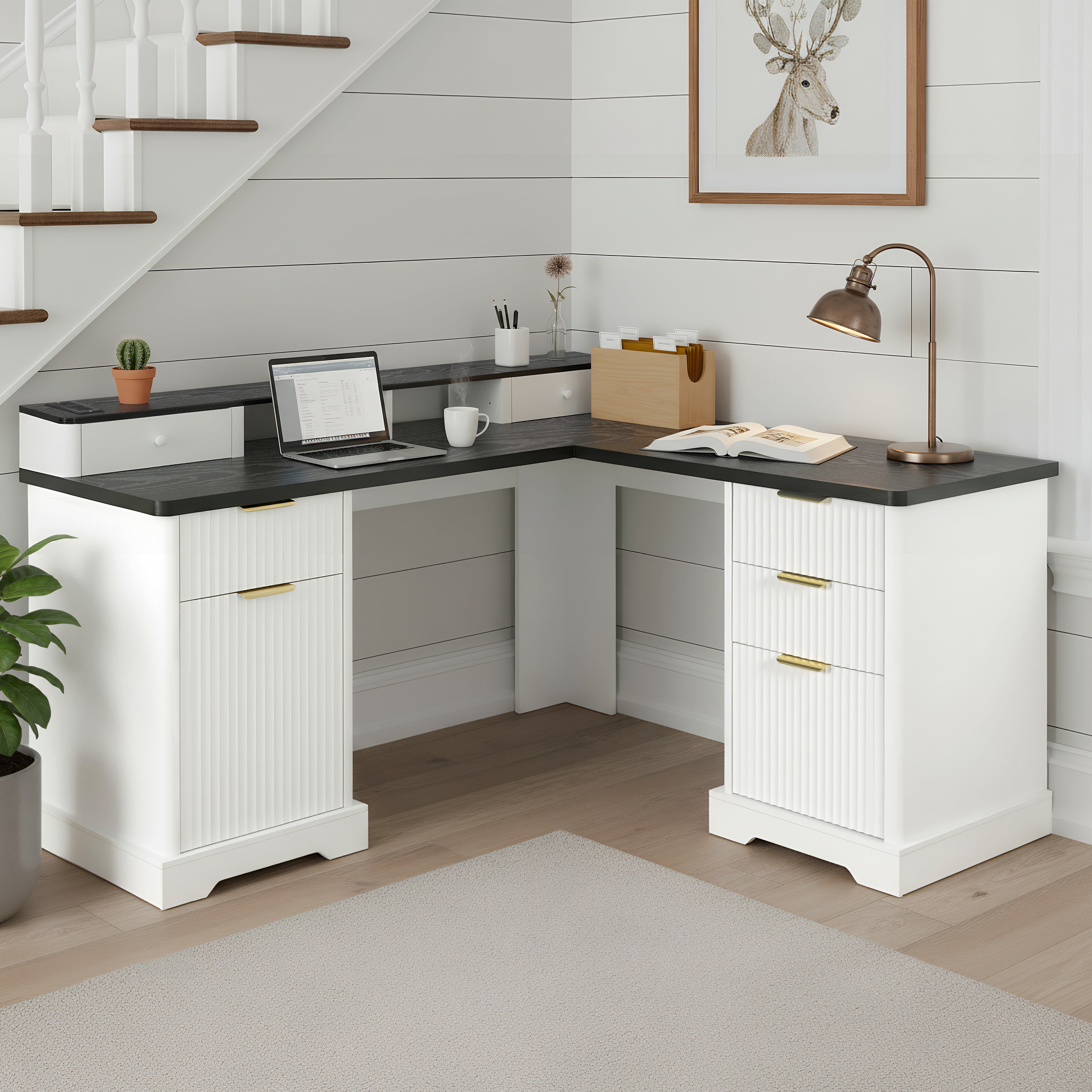 59 Modern Fluted L-Shaped Desk With Charging Station  Storage Cabinet - Home Office Computer Desk With Monitor Stand, File Drawer And Removable Support Shelf For Study, Home Office, White