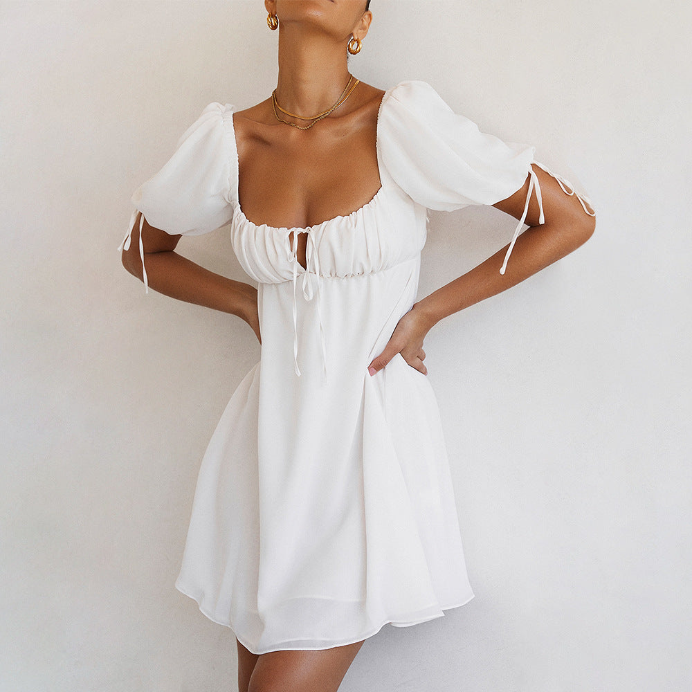 Fashionable Lace-Up Square-Neck Short-Sleeve Mid-Length Backless Dress