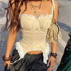 American Street Lace Stitching Ruffle Chest Strap Top Irregular Ribbon Fitted Waist Vest Bra
