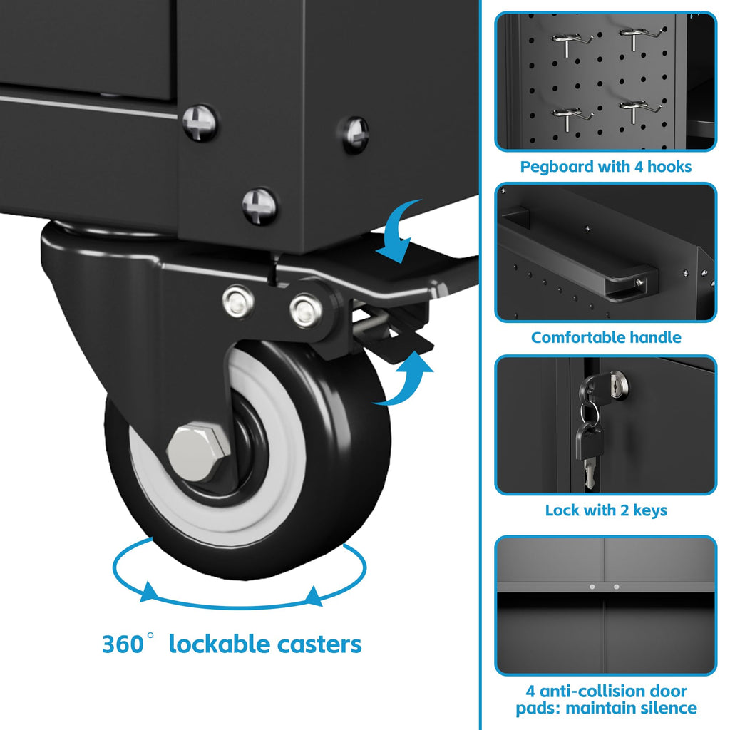 SUXXAN Metal Storage Cabinet With Wheels, Rolling Storage Cabinet With 2 Doors And Adjustable Shelves, Pegboard And 4 Hooks, Suitable For Garage, Home, Office, School, Black