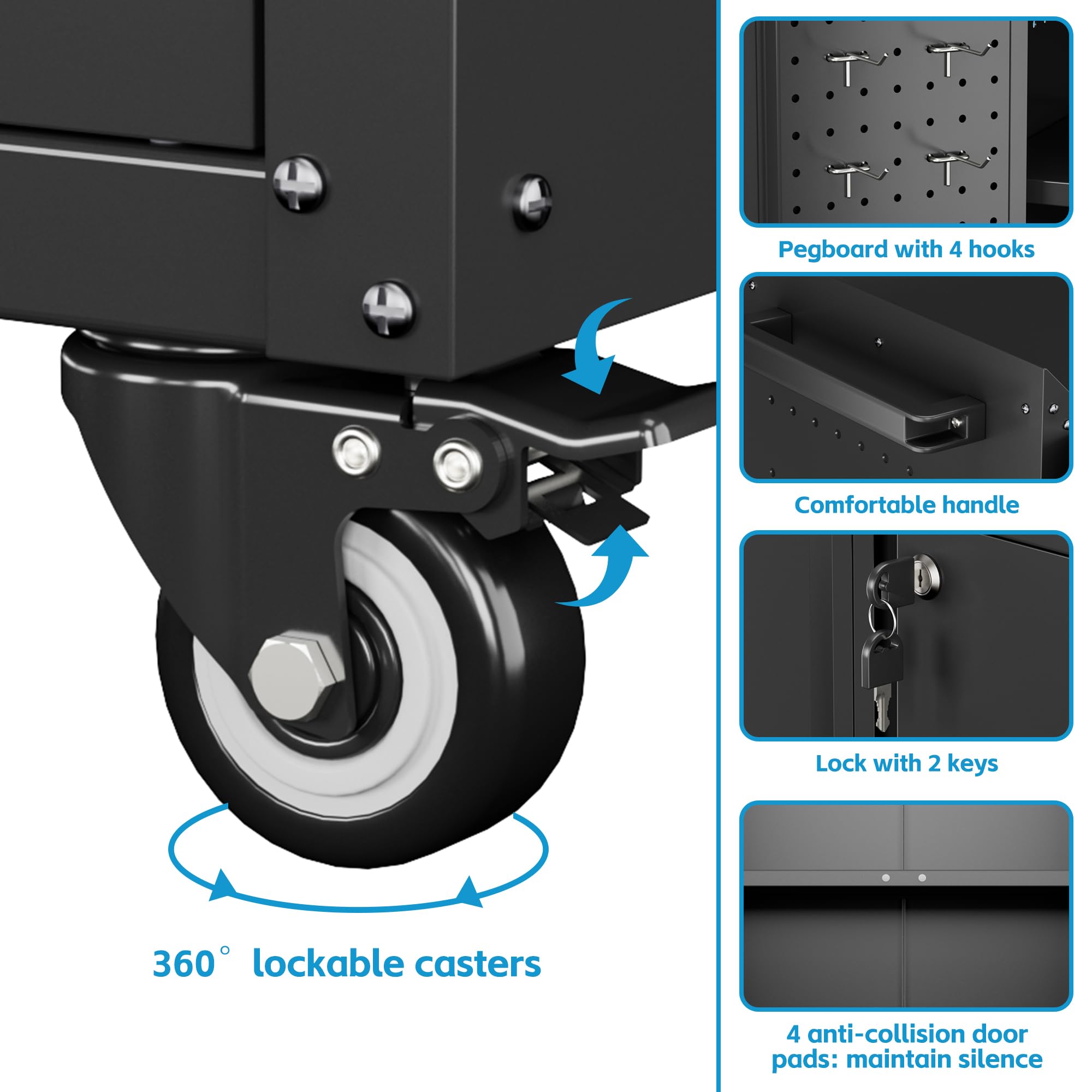 SUXXAN Metal Storage Cabinet With Wheels, Rolling Storage Cabinet With 2 Doors And Adjustable Shelves, Pegboard And 4 Hooks, Suitable For Garage, Home, Office, School, Black