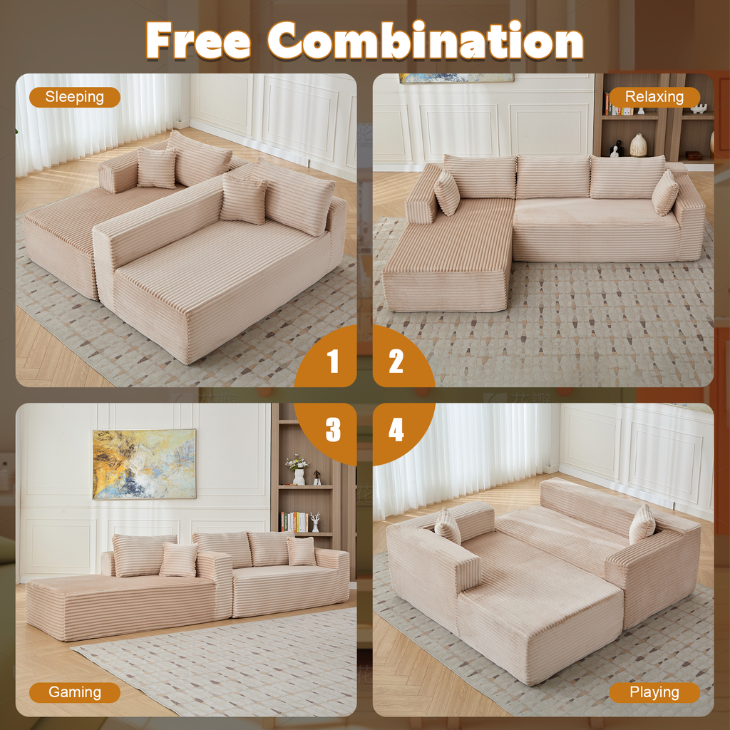 Compression Sectional Couch With Comfy Chaise, Boneless L Shape Sofa With Deep Seat, Minimalist Modular Couches Sleeper For Living Room Bedroom Apartment Lounge,corduroy,Beige