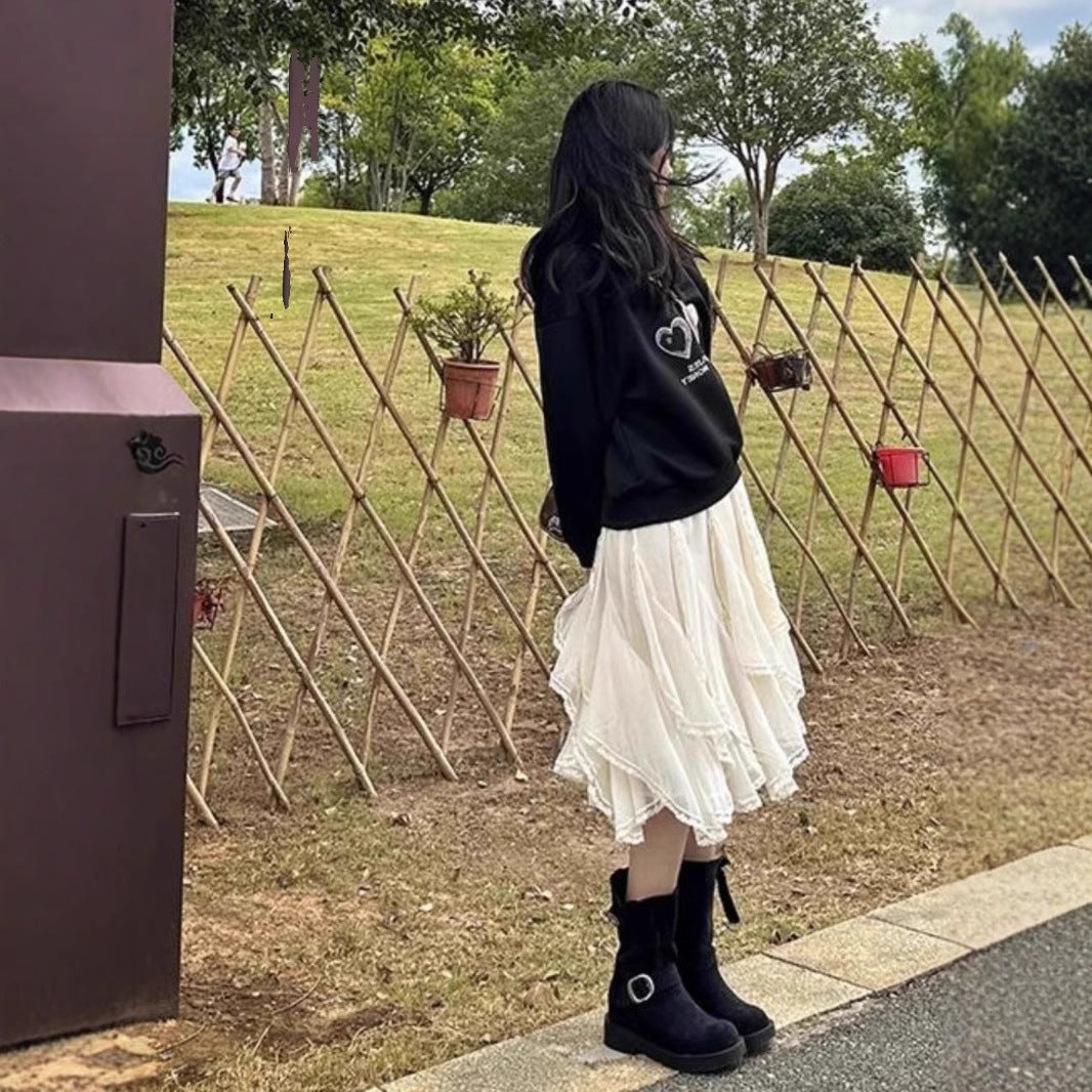 French Irregular Lace Patch High-waisted Slimming Tulle Skirt