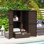 Outdoor Storage Cabinet with Shelves, Rattan Pool Towel Storage Cabinet with Removable Shelf & Drawer, Mixed Brown