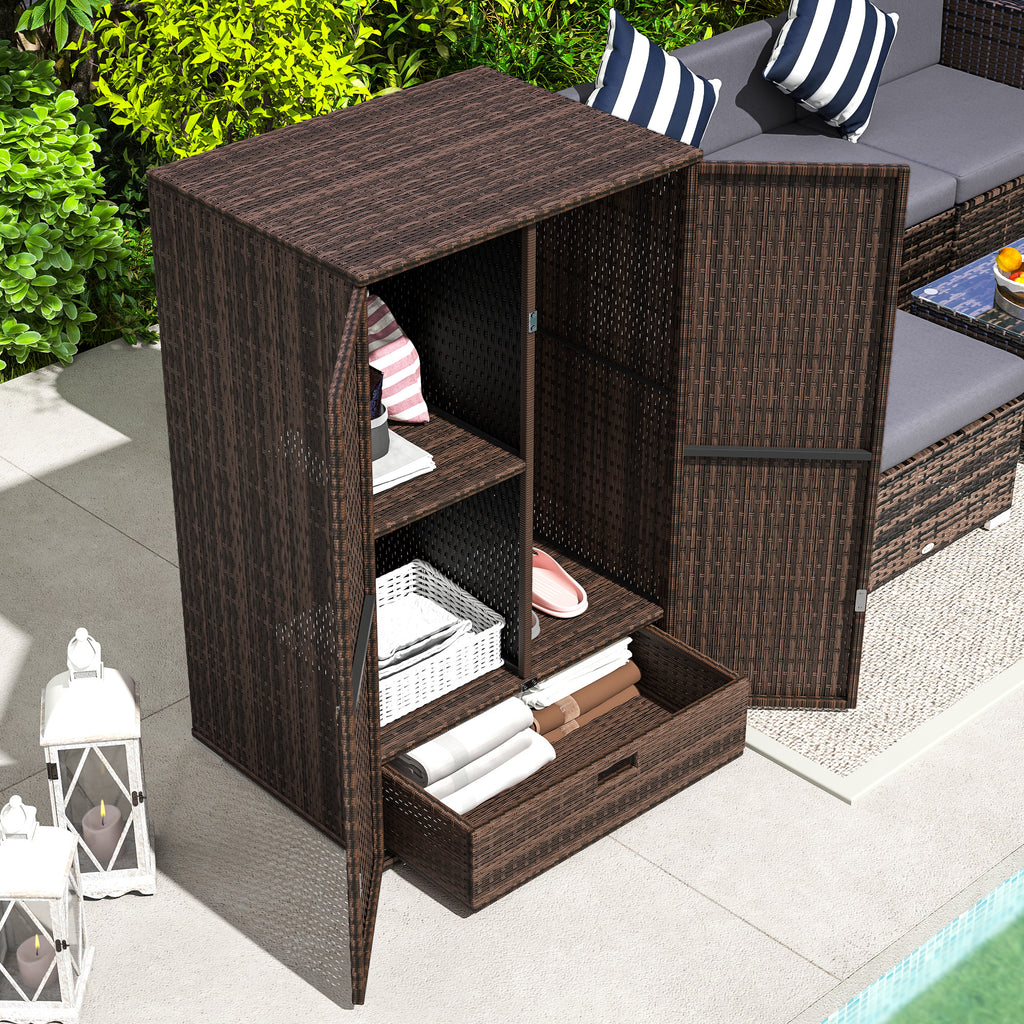 Outdoor Storage Cabinet with Shelves, Rattan Pool Towel Storage Cabinet with Removable Shelf & Drawer, Mixed Brown