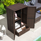 Outdoor Storage Cabinet with Shelves, Rattan Pool Towel Storage Cabinet with Removable Shelf & Drawer, Mixed Brown