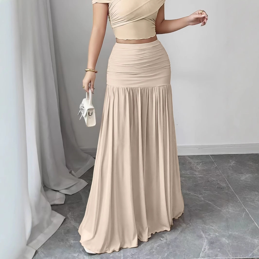 Elegant Solid Color Pleated Long Skirt For Women