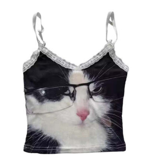 Casual Sassy Cropped V-neck Lace Patchwork Vest With A Cute Animal Print