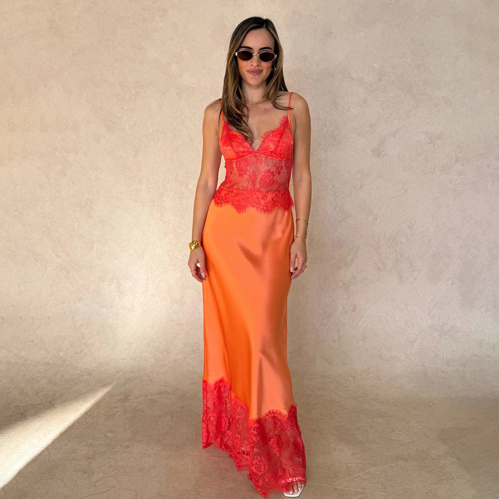 Lace-Panel Sheer Backless Deep V-Neck Slip Dress