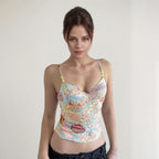 French Retro Printed Contrast Color Beaded Camisole