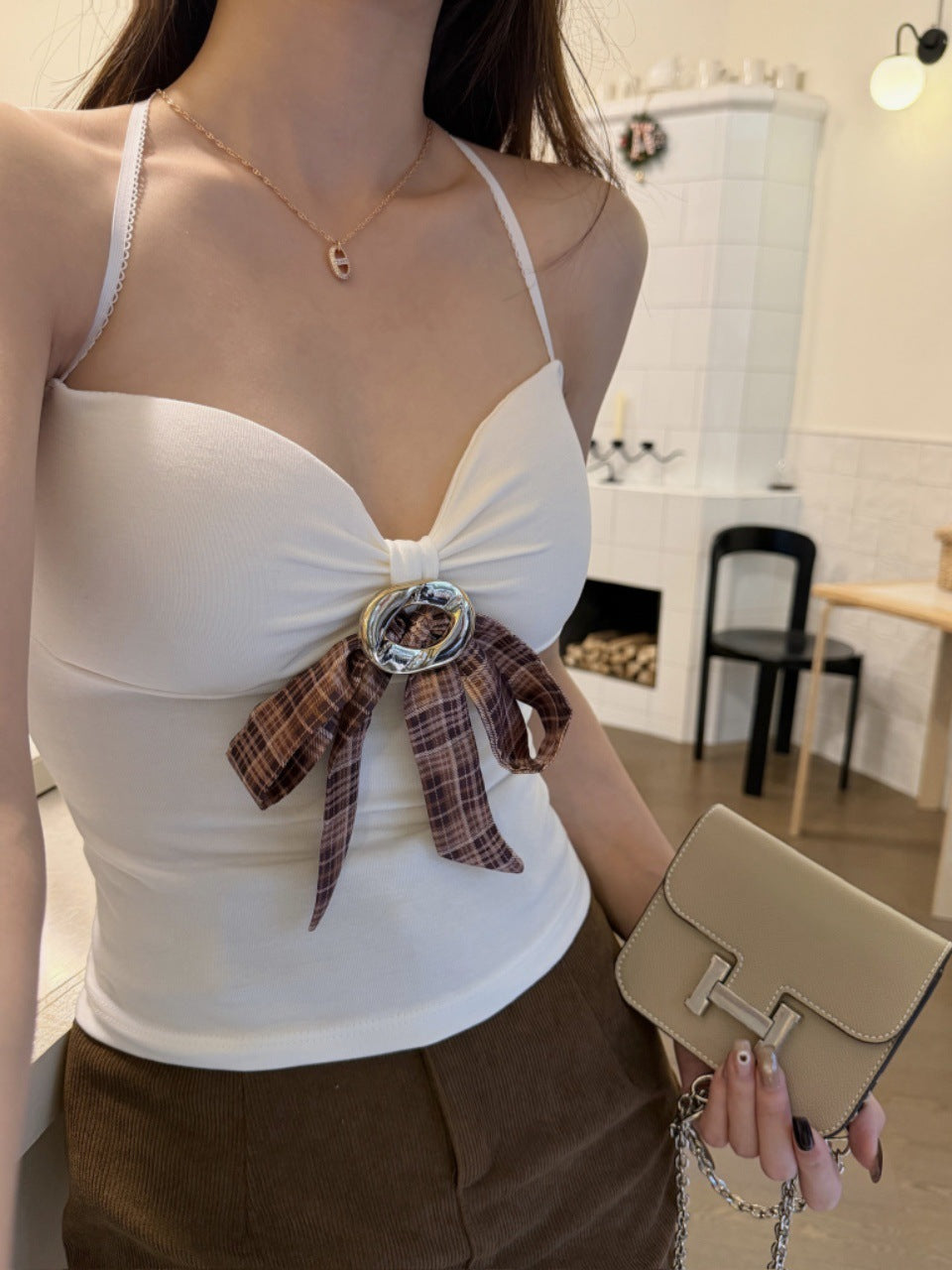 Womens Fashionable Bow-Knot Slim-Fit Halter Neck Camisole