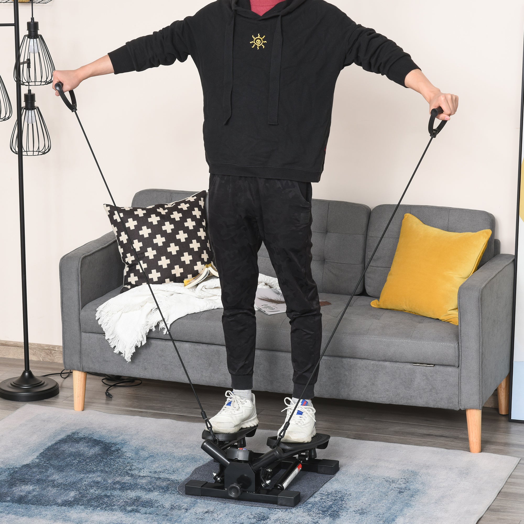 Portable Mini Stepper, Exercise Fitness Machine For Legs Arms Thigh Toner Toning Machine, Stair Steps Workout Training Fitness, W/ Resistance Bands And Floor Mat, Black