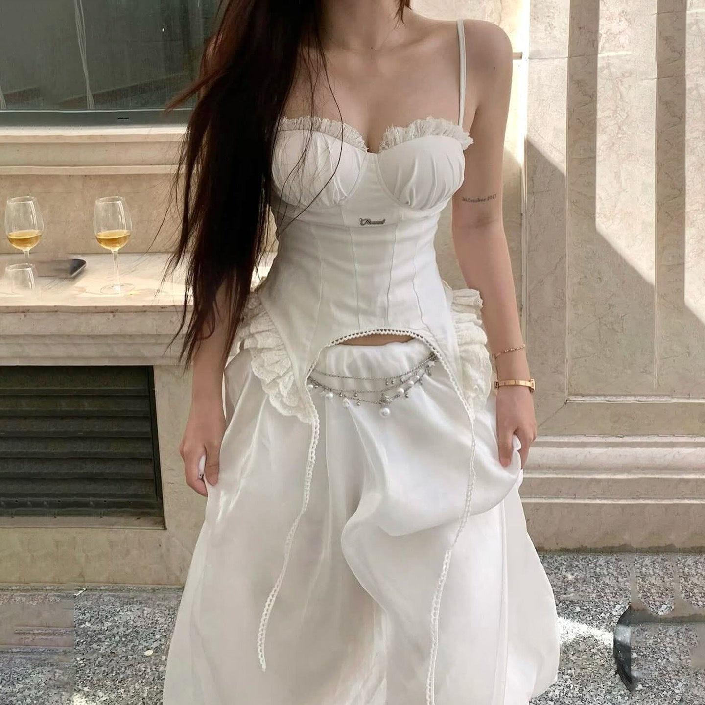 American Street Lace Stitching Ruffle Chest Strap Top Irregular Ribbon Fitted Waist Vest Bra