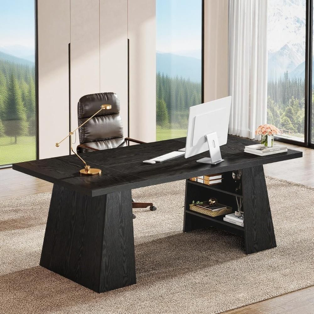63-Inch Executive Desk, Modern Large Office Computer Desk With Double Pedestal And Storage Shelves, Simple Writing Conference Table