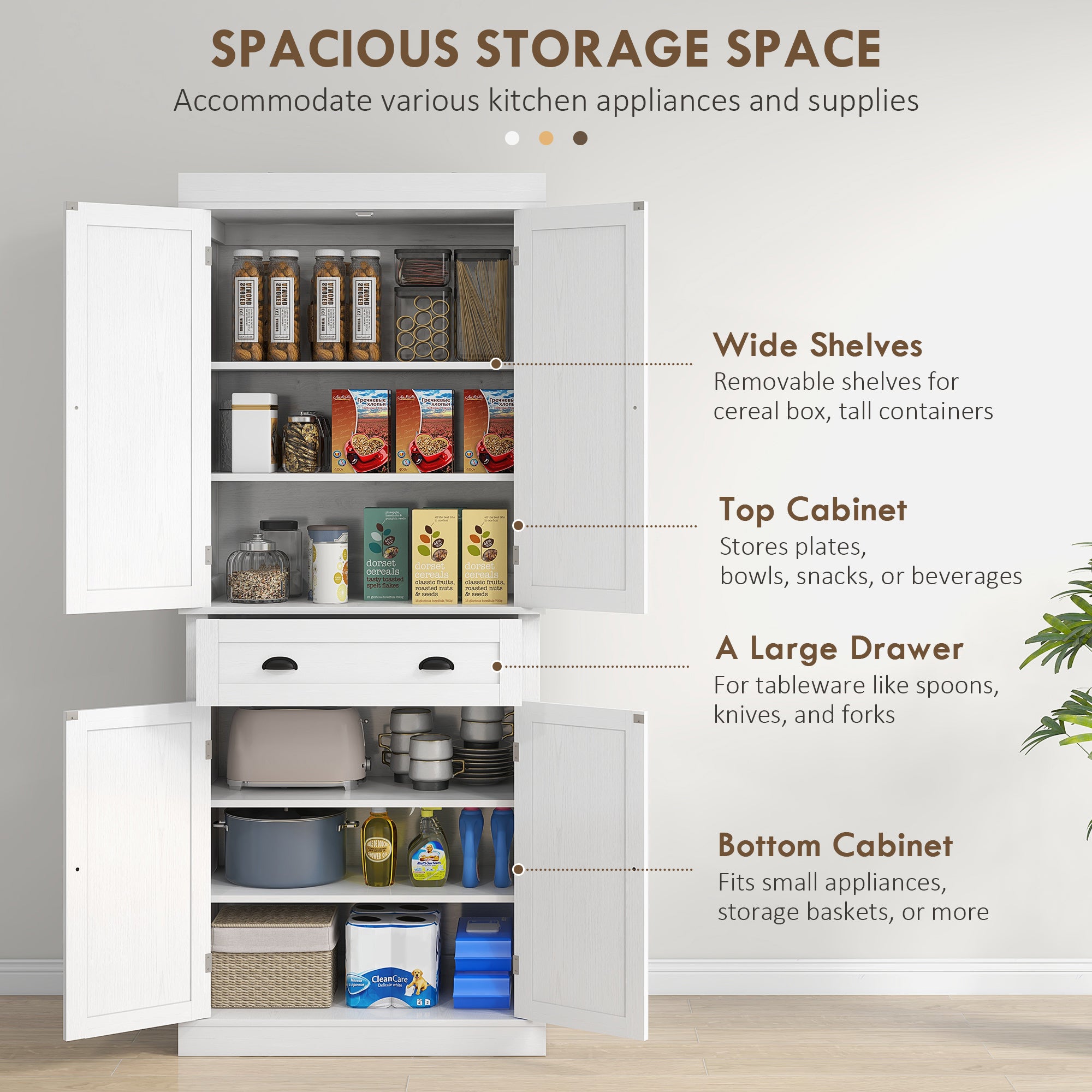 72.5" Kitchen Cabinet, Pantry Storage Cabinet with Doors and Shelves, Freestanding Food Pantry Cabinet, White Wood Grain