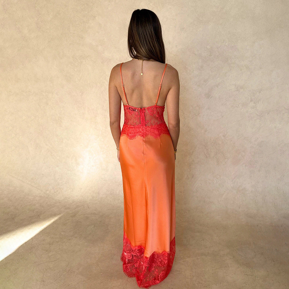 Lace-Panel Sheer Backless Deep V-Neck Slip Dress