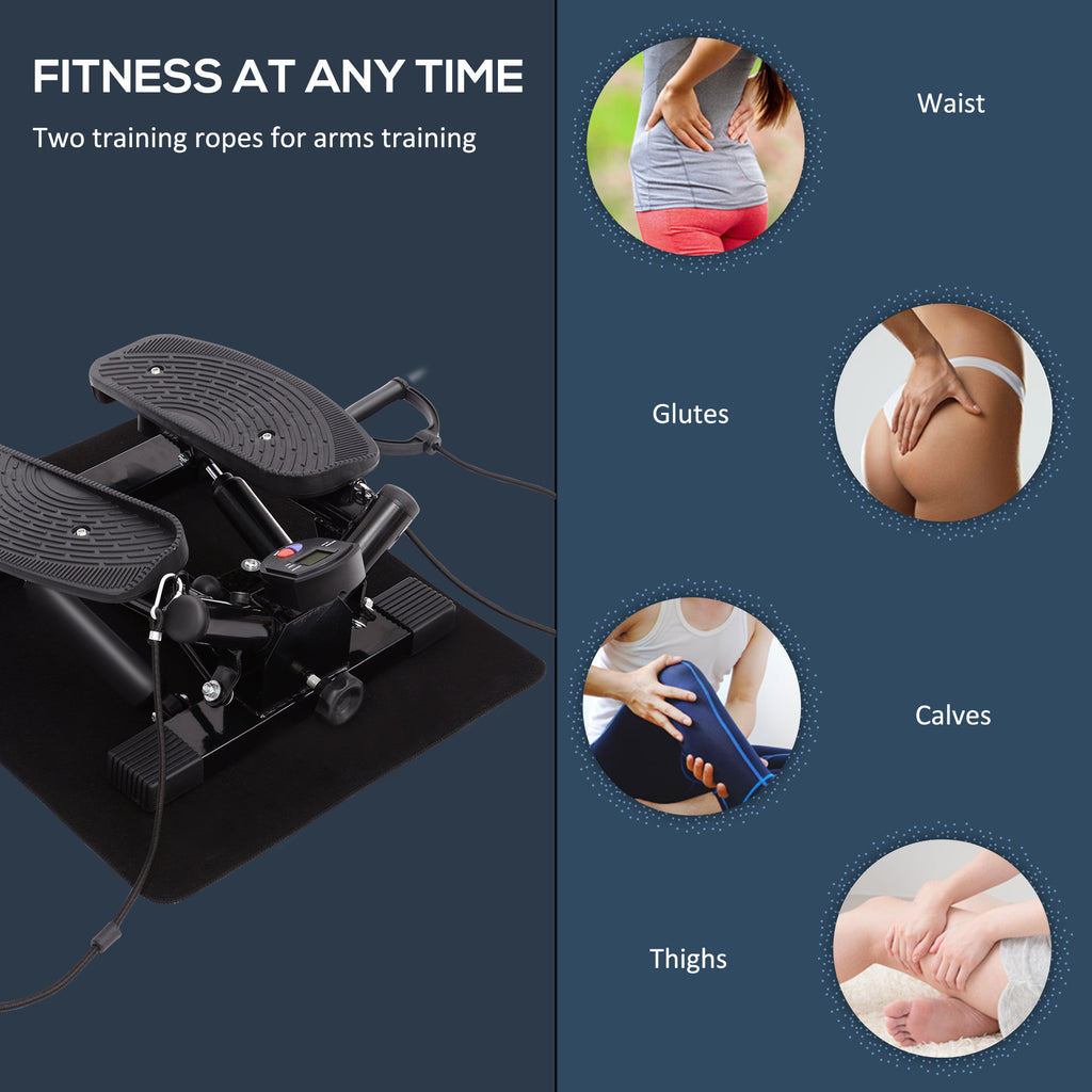 Portable Mini Stepper, Exercise Fitness Machine For Legs Arms Thigh Toner Toning Machine, Stair Steps Workout Training Fitness, W/ Resistance Bands And Floor Mat, Black