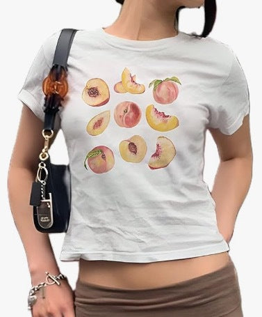 American Retro Crew Neck T-shirt Letter Print Navel