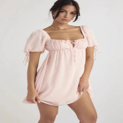 Fashionable Lace-Up Square-Neck Short-Sleeve Mid-Length Backless Dress